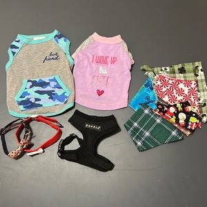 EUC BUNDLE Extra Small/Small Puppy Dog Santa jacket, bowl, harness, scarves etc.